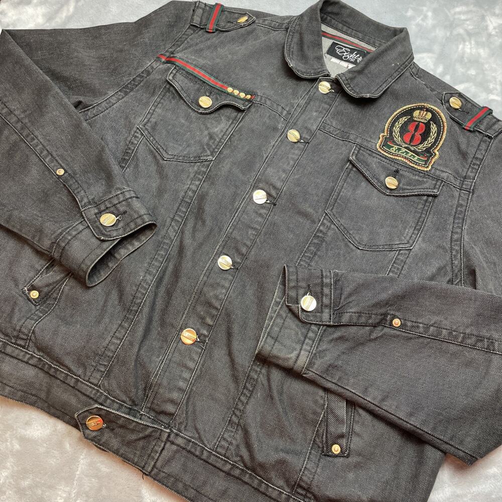 Eight 732 Mens Graphic Denim Jacket Size‎ 3XL Black Streetwear Crest Trim